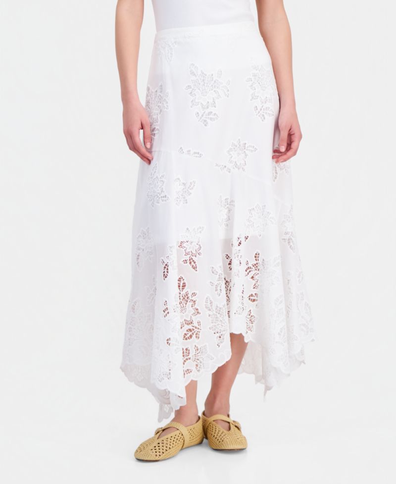 Petite Asymmetric Floral Cutwork Pull-On Skirt
