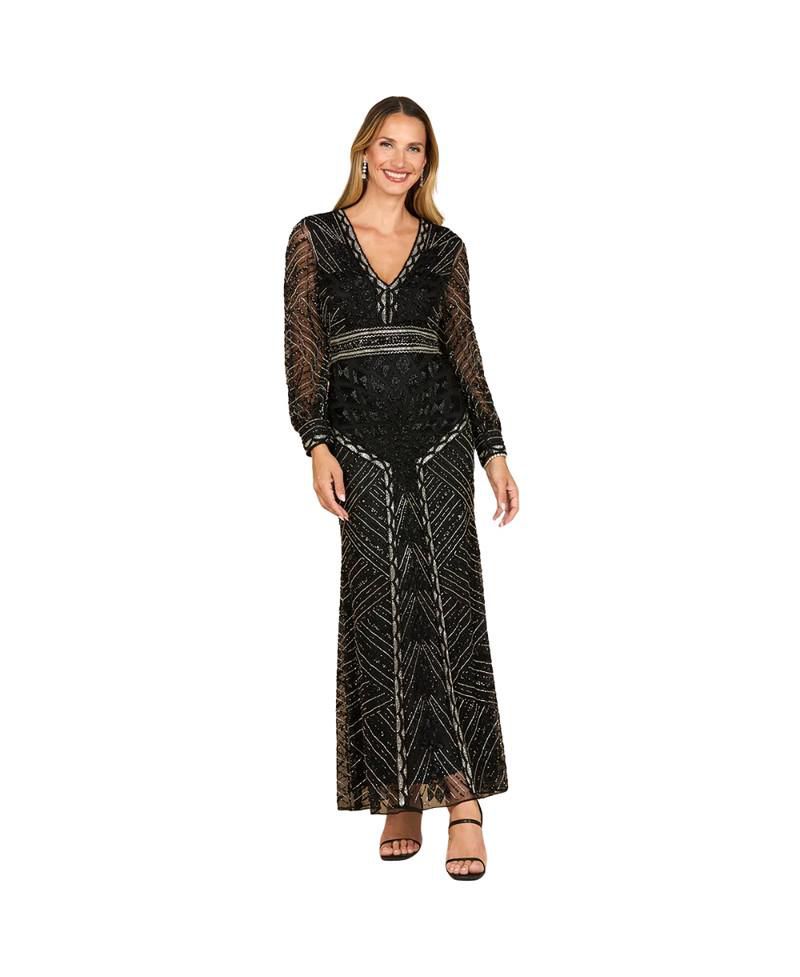 Women's V Neck Beaded Long Sleeve Dress