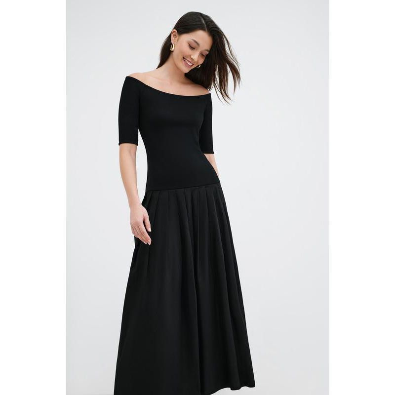 Women's Mila Off-Shoulder Dropped-Waist Pleated Cotton Dress with Pockets