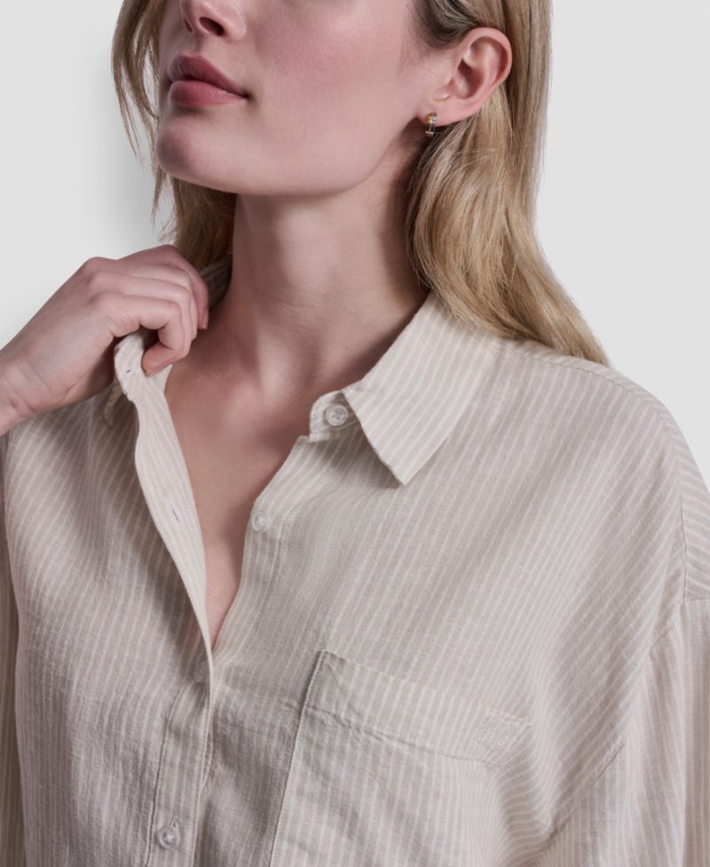 Petite Oversized Linen-Blend Cropped Short Sleeve Shirt