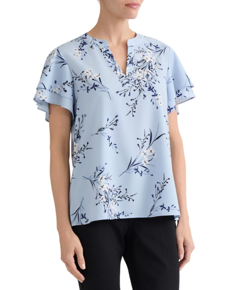 Petite Floral-Print Short-Sleeve Blouse