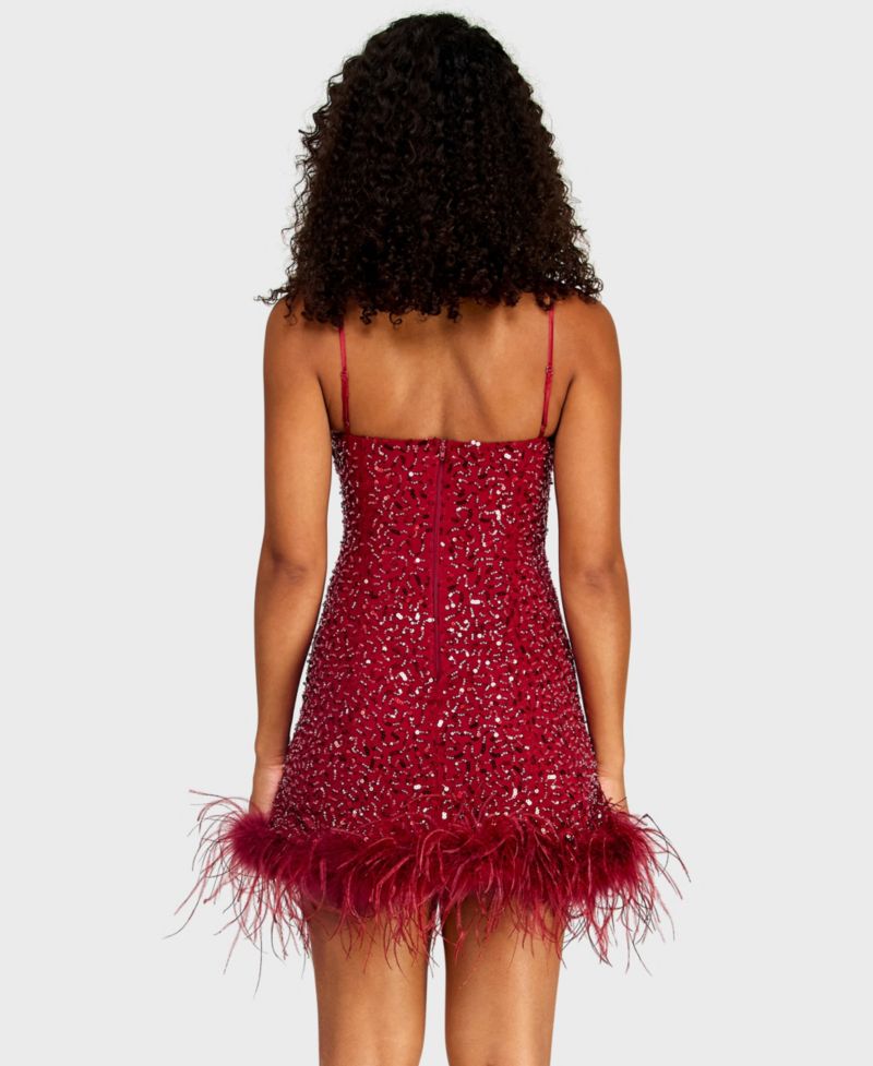 Juniors' Square Neck Bead & Imitation Pearl Detail Sequin Dress with Feather Hem
