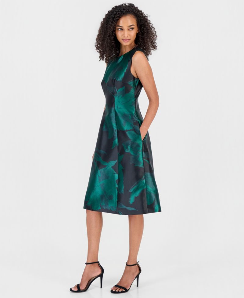Women's Floral Jacquard Princess-Seam Fit & Flare Midi Dress
