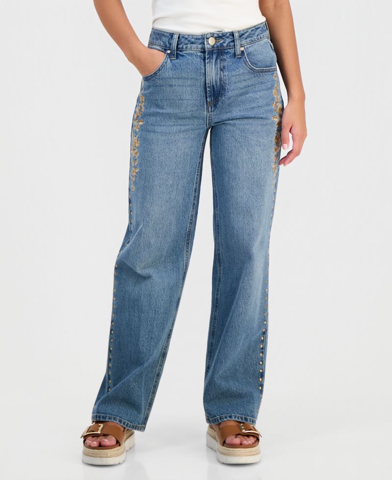 Petite High-Rise Embroidered Straight-Leg Jeans