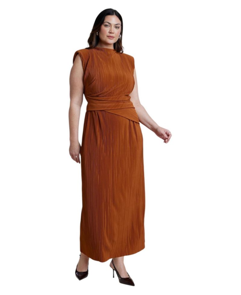 Plus Size Draped Bodice Plisse Maxi Dress