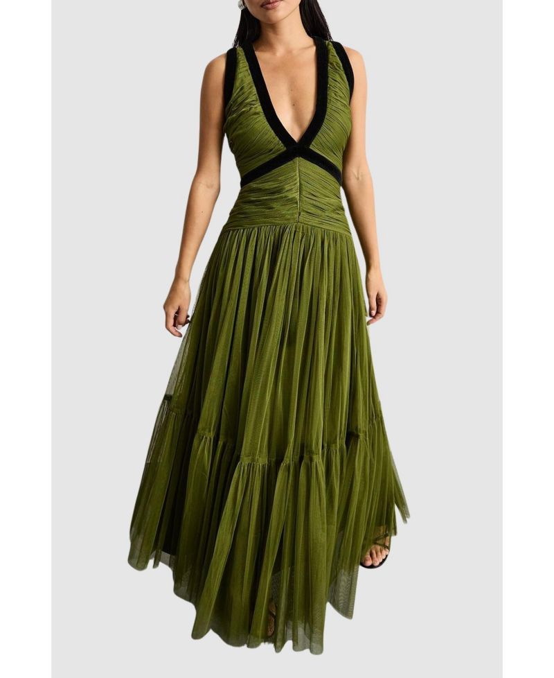 Women's Petite Velvet Trim Tulle Maxi Dress