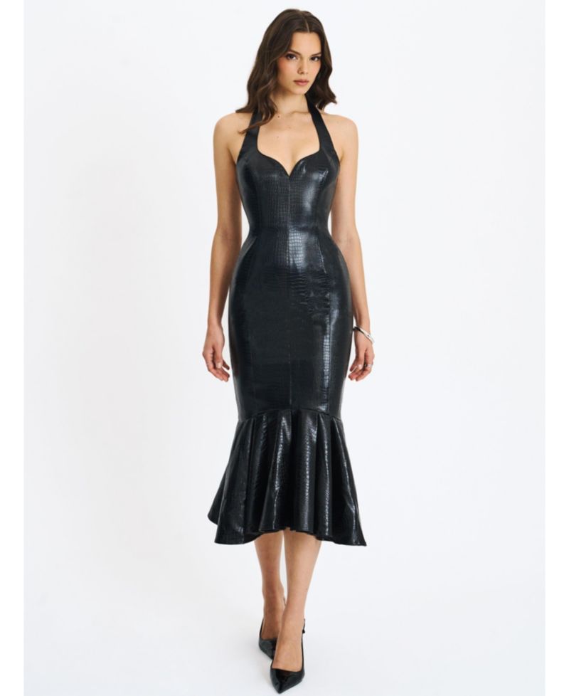 Women's Gardenia Black Leather Midi Sweetheart Halter Flared Dress
