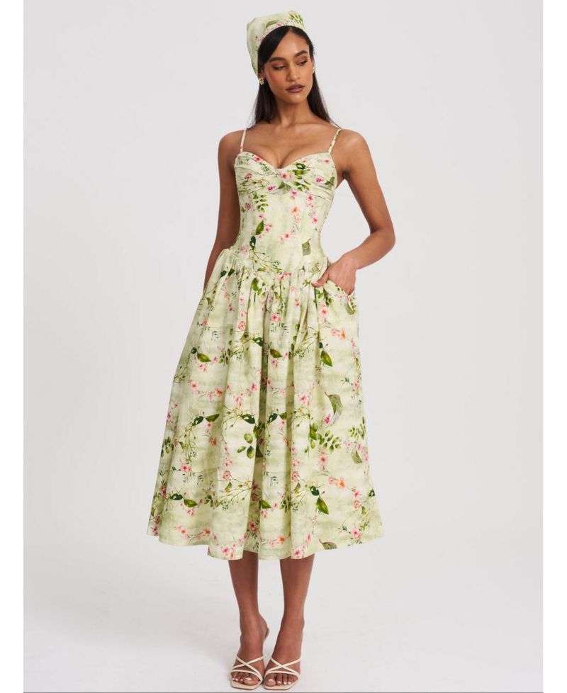 Women's Jacinda Green Floral Print Ruched Breast Linen Midi Dress