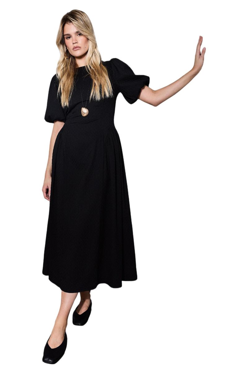 Women's Seersucker Puff Sleeve Midi Dress