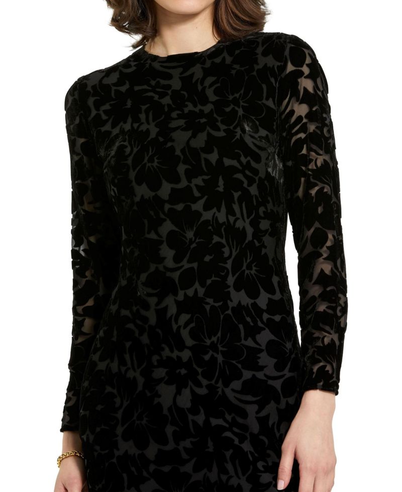 Women's Burnout Velvet Long Sleeve Ruffle Hem Midi Dress