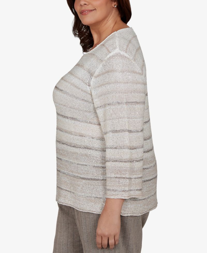 Plus Size Crew Neck 3/4-Sleeve Striped Sweater