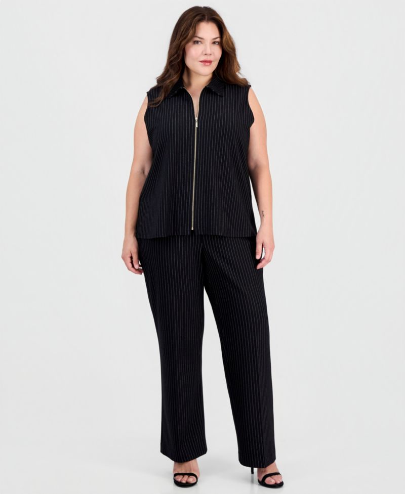 Plus Size Mock-Neck Front-Zip Pinstripe Blouse