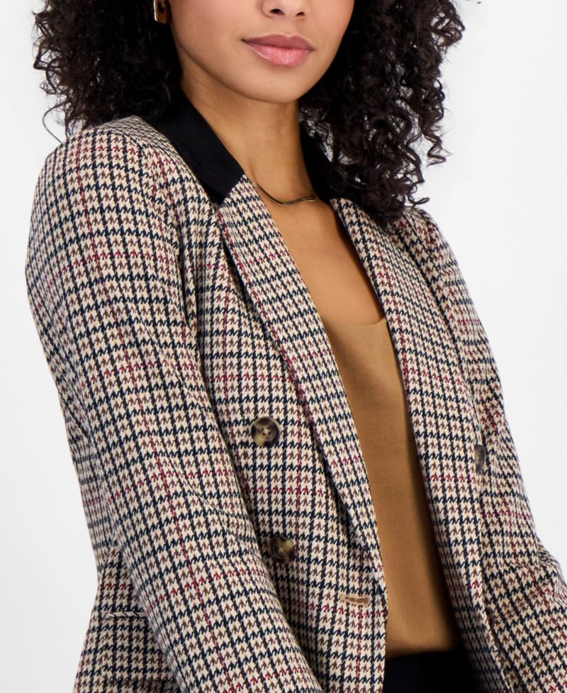 Women's Plaid Faux Double-Breasted Notch Collar Blazer