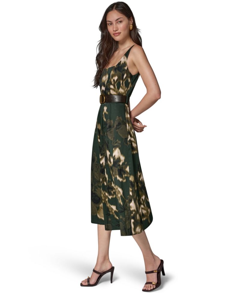 Women's Printed Square Neck Pleated Fit and Flare Dress with Belt