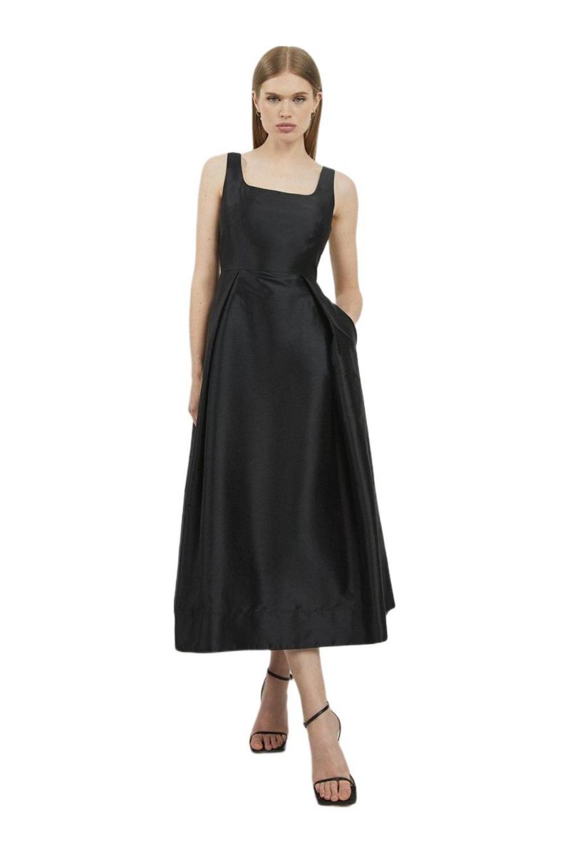 Women's Taffeta Full Skirt Tailored Midi Dress