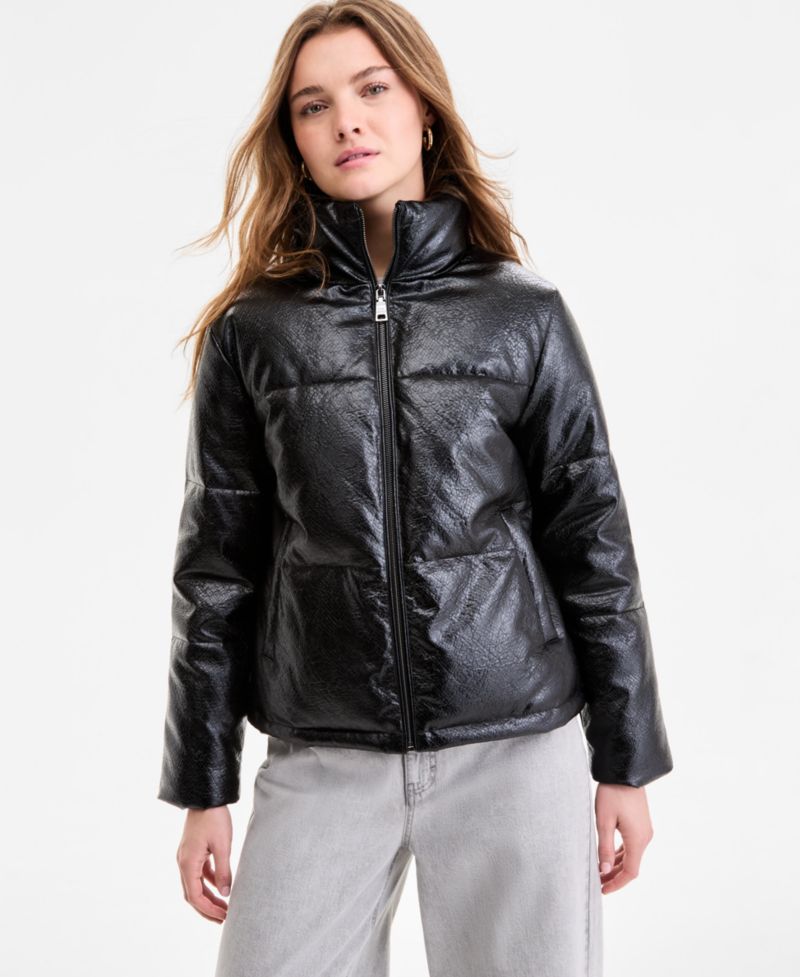 Women's Textured Faux-Leather Puffer Coat