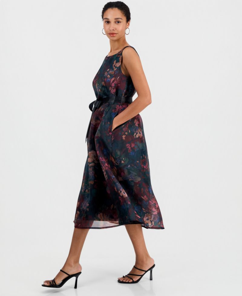 Women's Floral-Print A-Line Midi Organza Dress