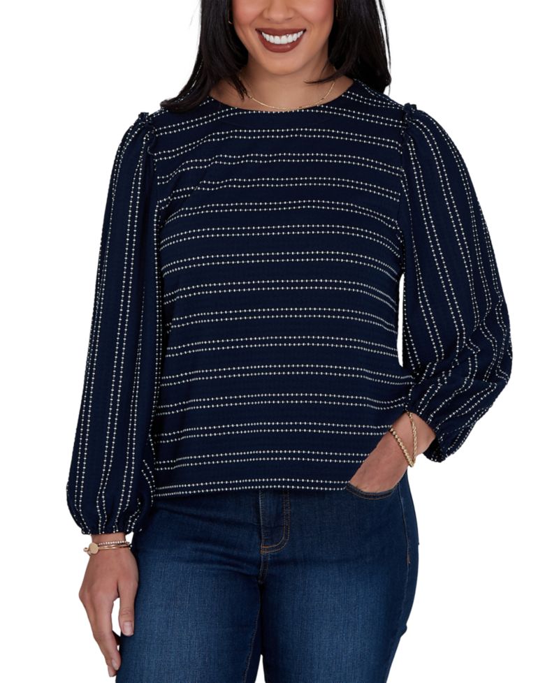 Petite Long-Sleeve Dobby-Stripe Crewneck Blouse