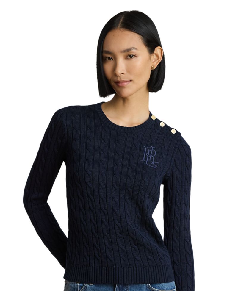 Petite Button-Trim Cable-Knit Sweater