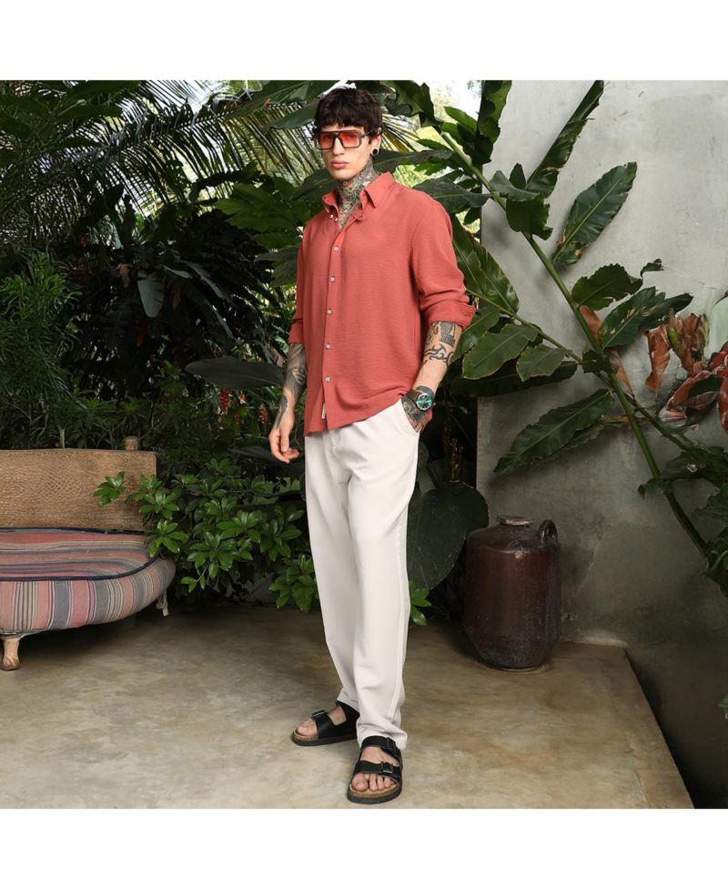Men's Coral Orange Breezy Wrinked Shirt