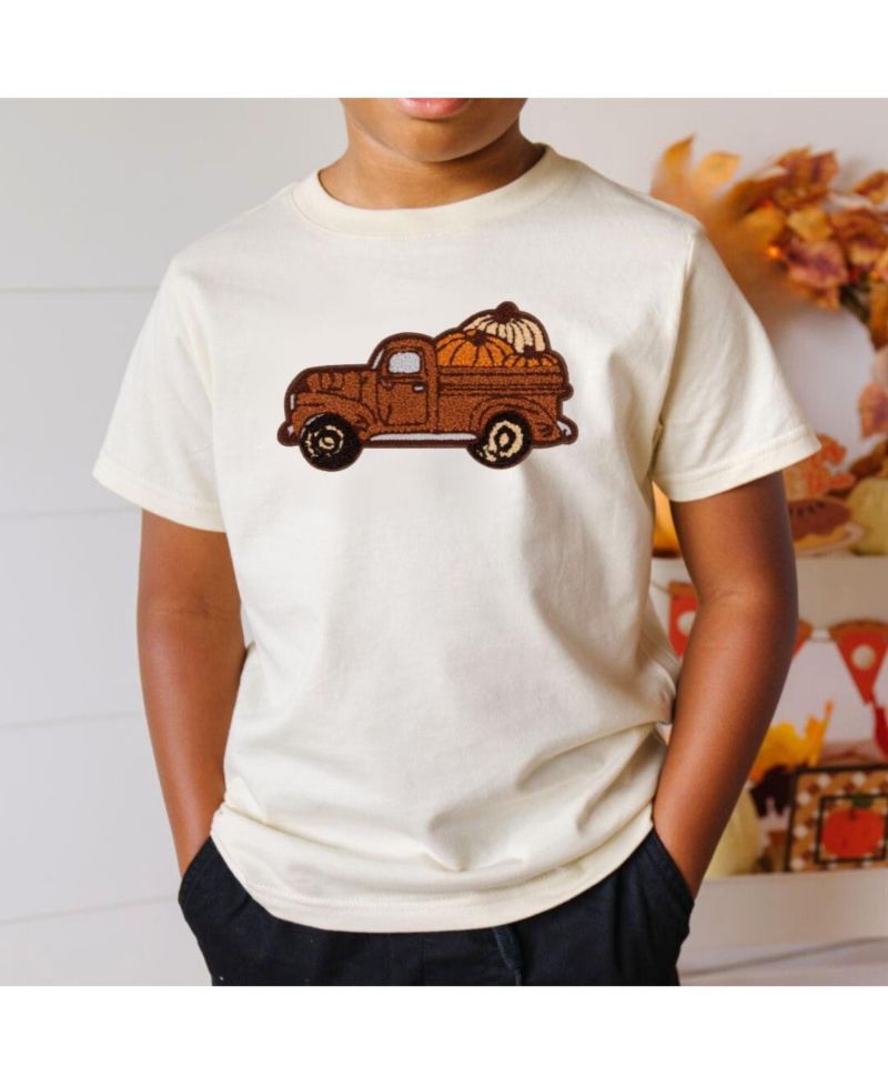 Little and Big Boys Fall Truck Patch Short Sleeve T-Shirt