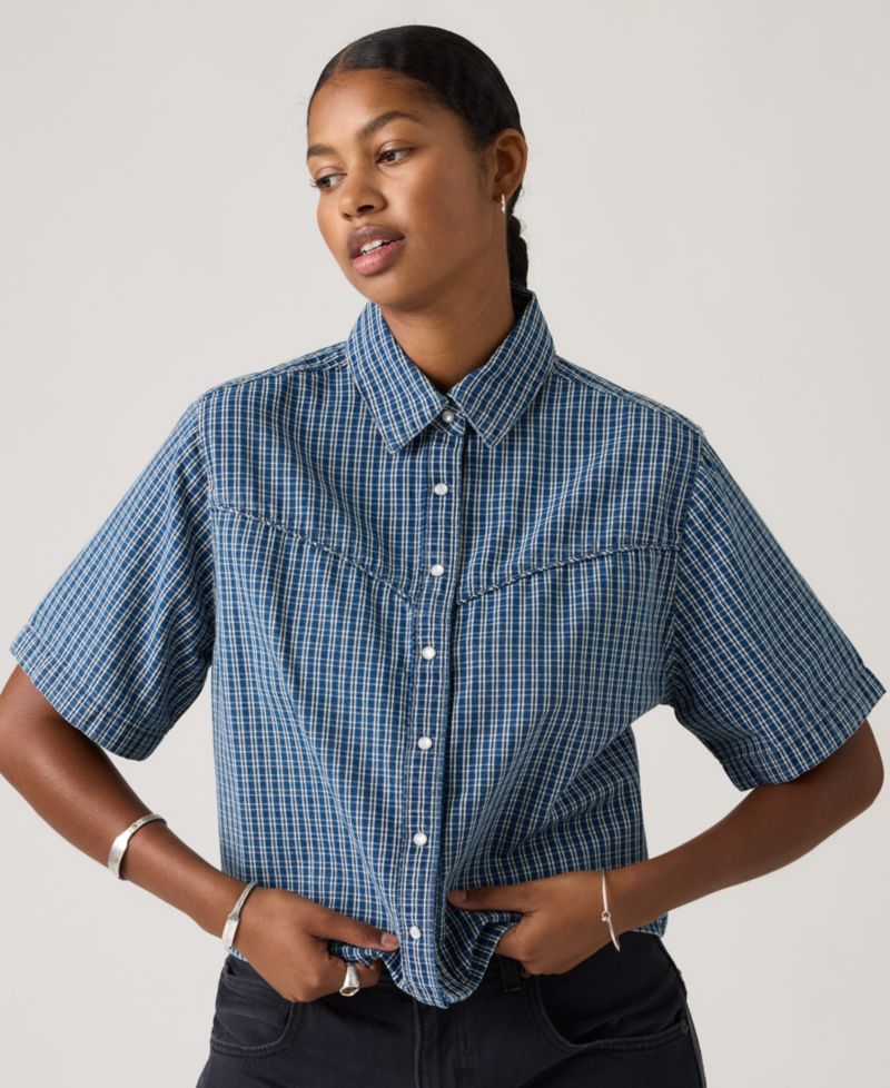 Premium Women's Logan Short-Sleeve Cropped-Fit Denim Shirt