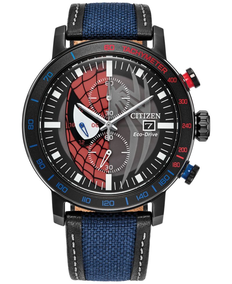 Eco-Drive Men's Chronograph Marvel Spider-Man Double Vision Blue Nylon Leather Strap Watch 44mm