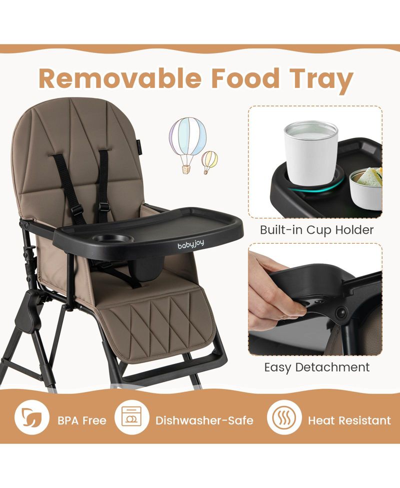 Compact Baby High Chair with Removable Tray and PU Cushion