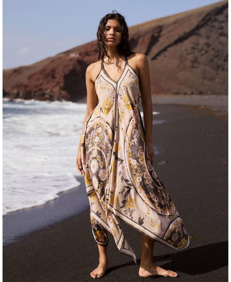 Women's Desert Bloom V-Neck Floral-Print Handkerchief Hemline Maxi Dress