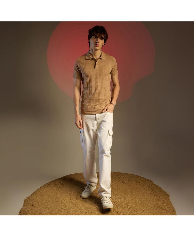Men's Buff Beige Intertwine-Textured Polo T-Shirt