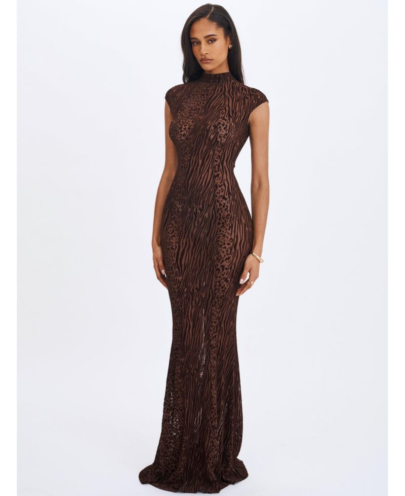Women's Tyanna Mocha Burnout Velvet Mesh Backless Mermaid Maxi Dress
