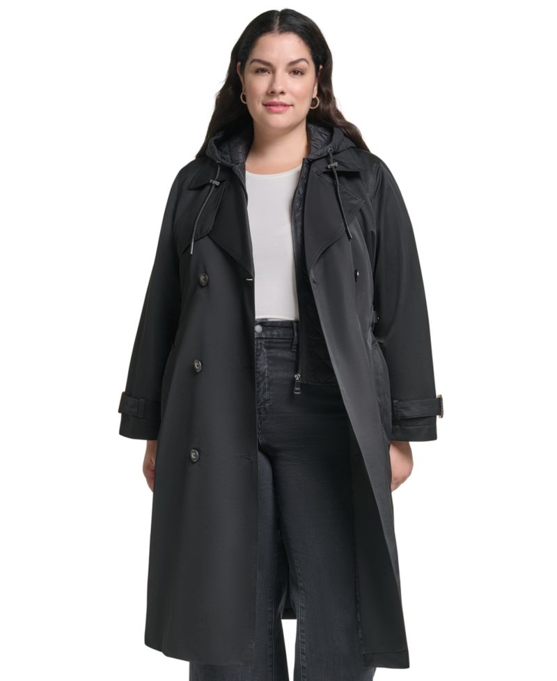 Plus Size Hooded Double-Breasted Belted Coat