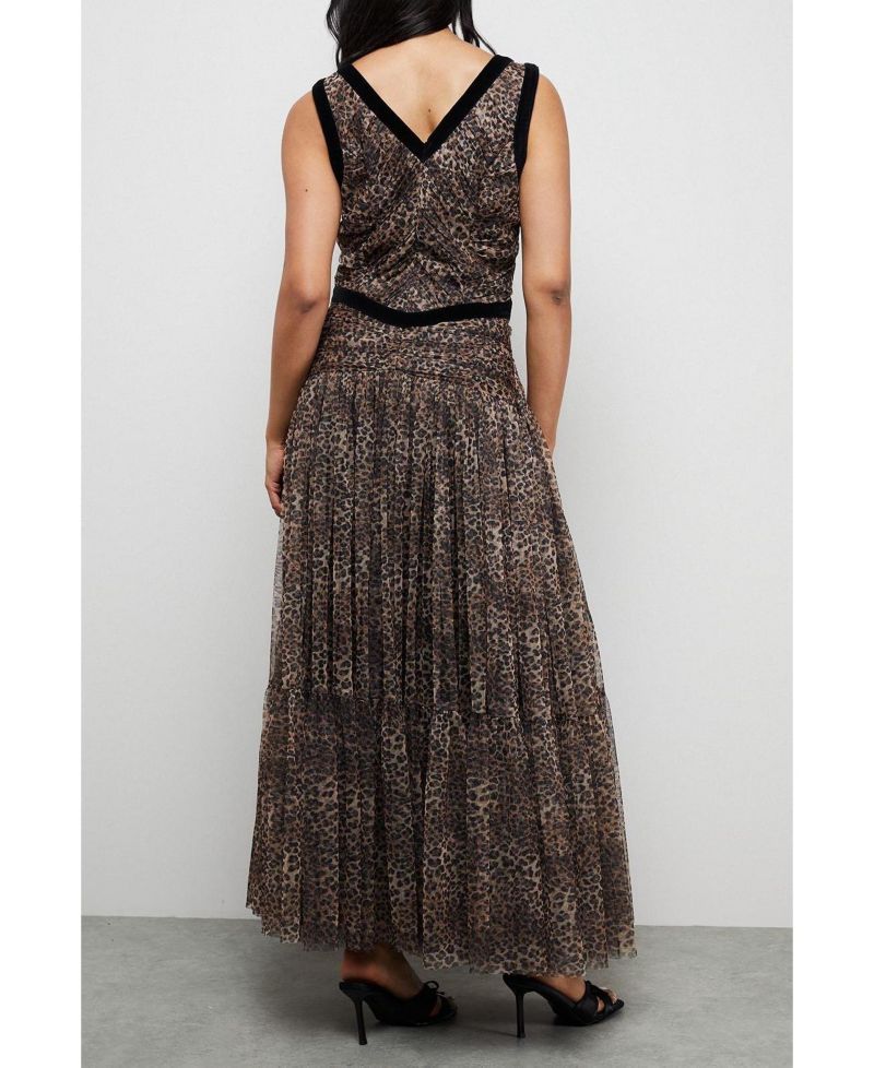 Women's Velvet Trim Leopard Tulle Maxi Dress