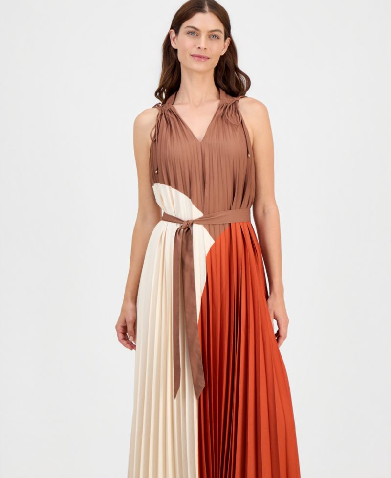 Women's V-Neck Pleated A-Line Midi Dress