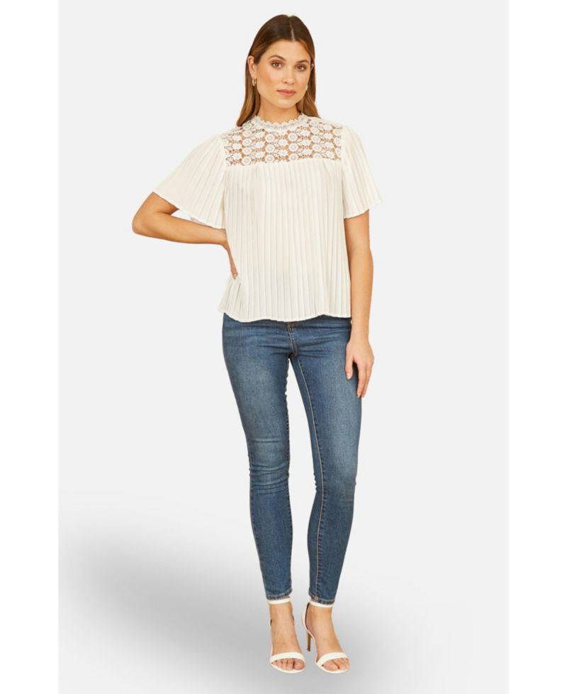 Women's Lace Panel Pleated Short Sleeve Top