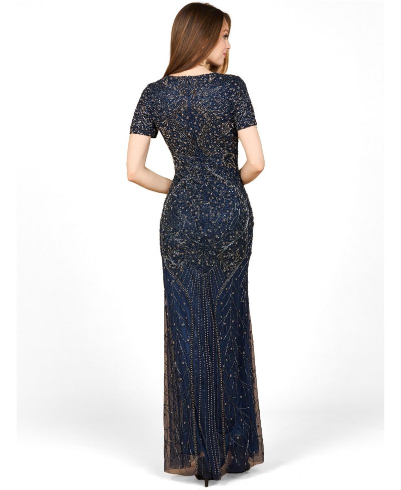 Women's Short Sleeve Sheath Beaded Gown