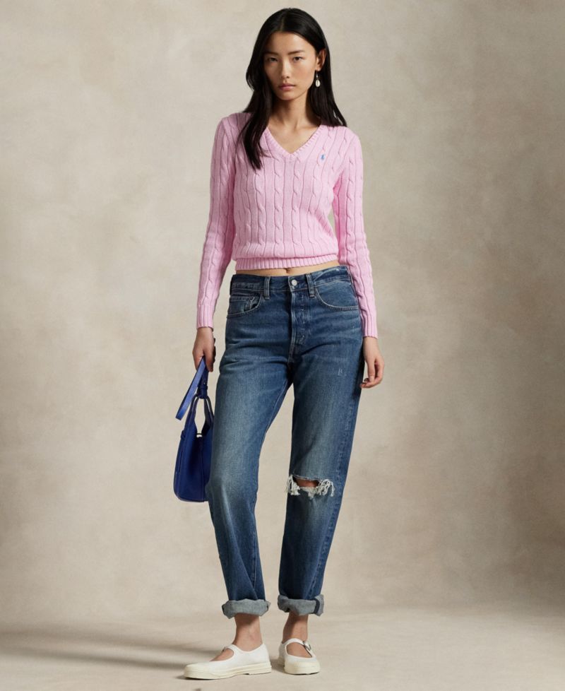 Women's Cable-Knit Cotton V-Neck Sweater