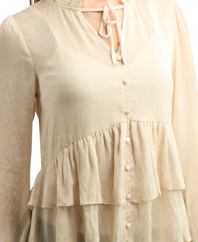 Juniors' Long-Sleeve Button-Front Peplum Chiffon Jacquard Blouse