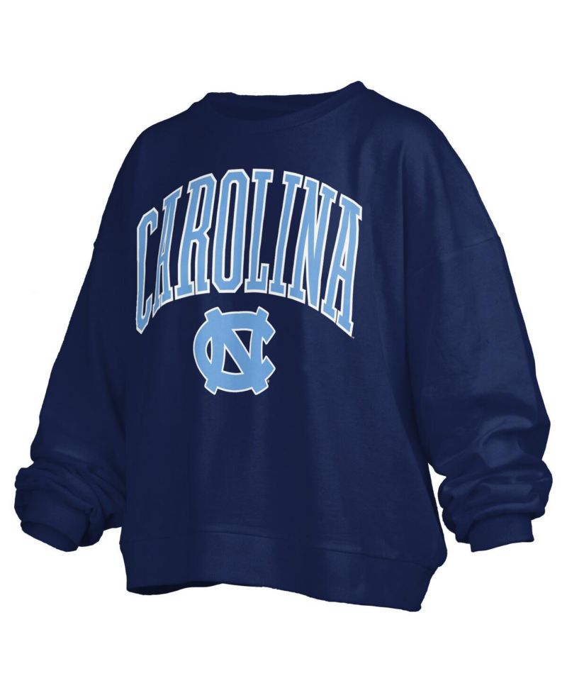 Women's Navy North Carolina Tar Heels Janise Arch Over Logo Waist Length Oversized Pullover Sweatshirt