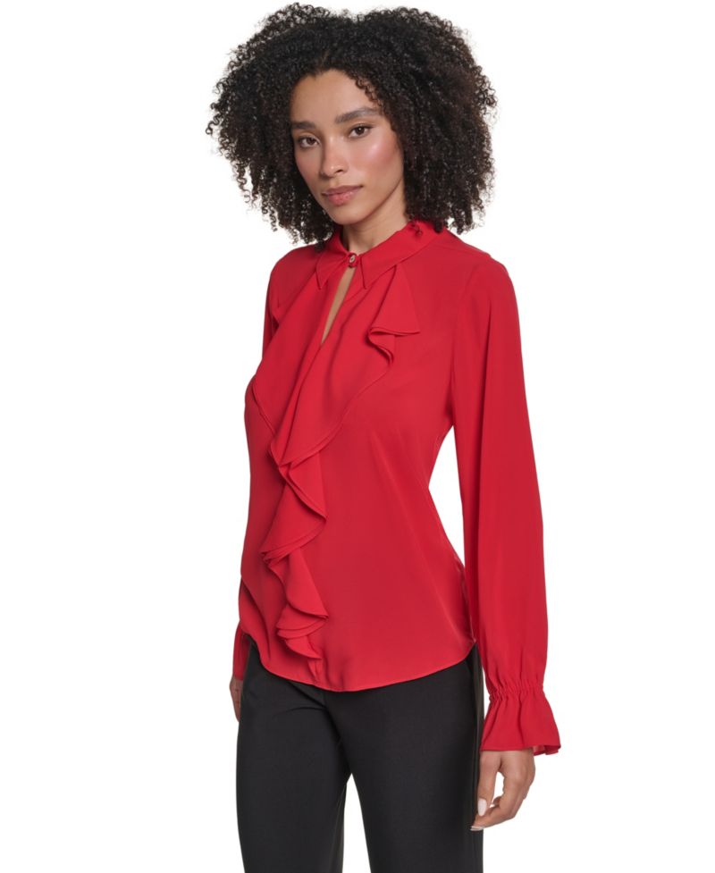 Women's Long-Sleeve Collared Ruffled Blouse