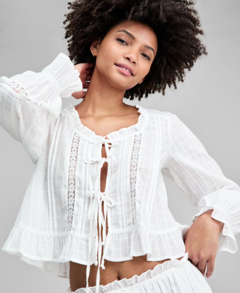 Women's Textured Tie-Front Cotton Blouse