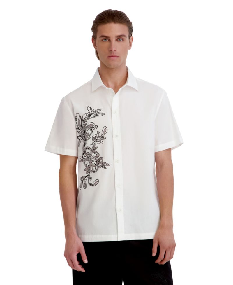 Men's Laser Cut Embroidered Flower Woven Shirt
