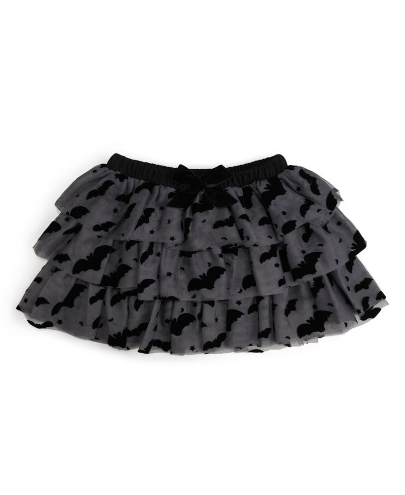 Little and Big Girls Flocked Bats Halloween Bow Tiered Tutu Skirt