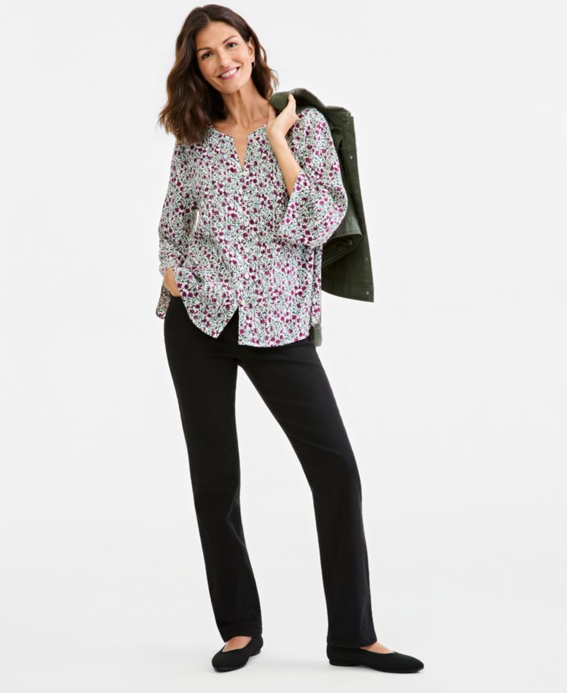 Plus Printed Bell-Sleeve Pintuck Blouse