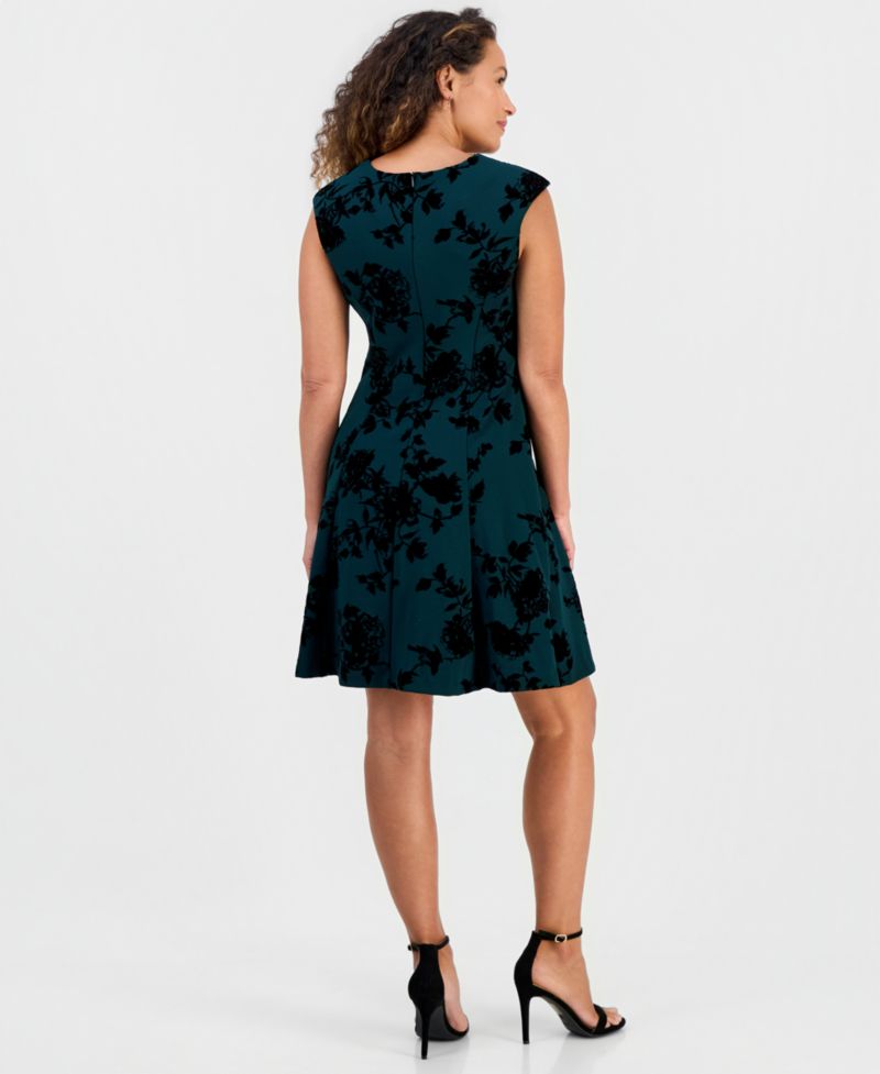 Petite Wedding Guest Floral-Print Flocked Dress
