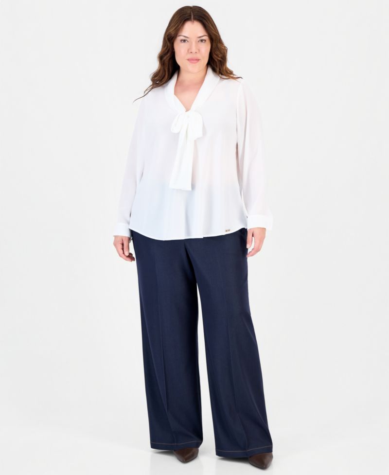 Plus Size Sailor Tie Long-Sleeve Blouse