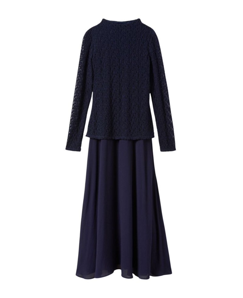 Women's Drop Waist Long-Sleeve Lace Midi Dress