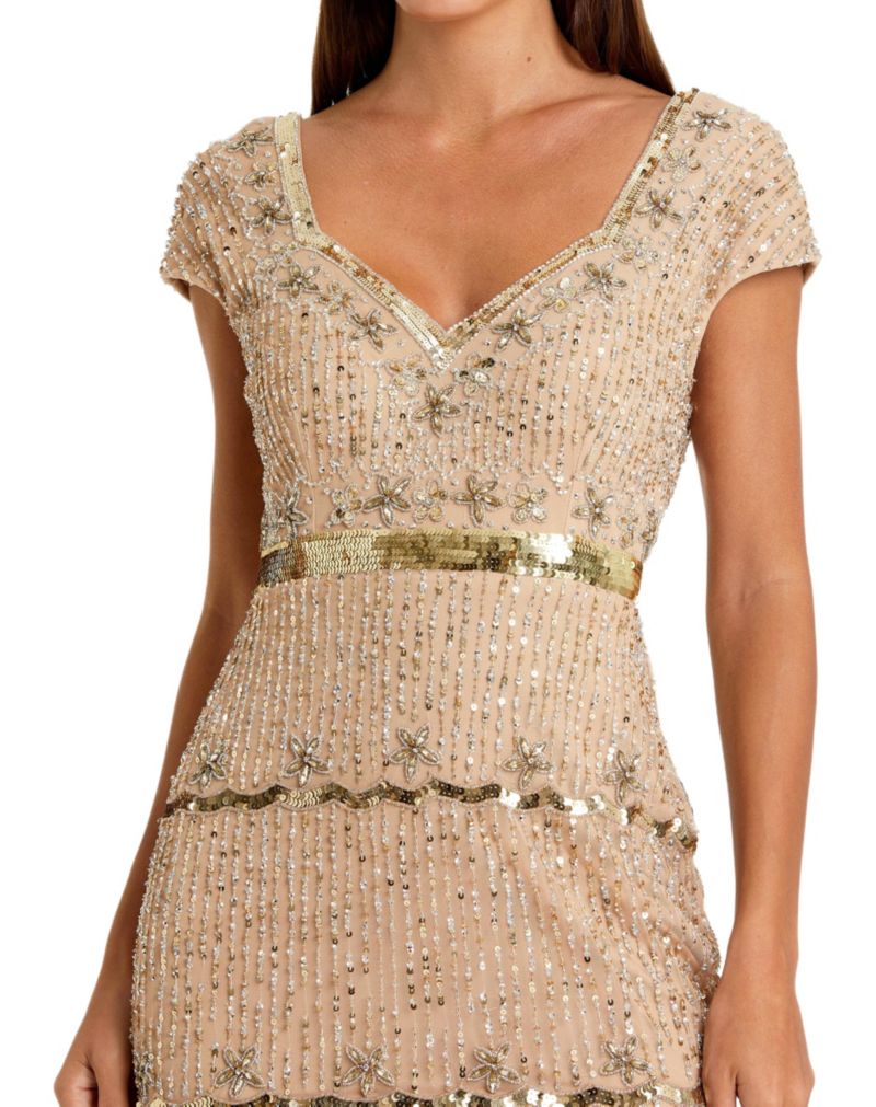 Women's Petite Beaded Sweetheart Cap Sleeve Tiered Gown