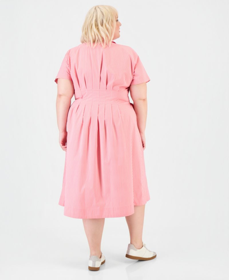 Trendy Plus Size Pinstriped Pleated-Waist Midi Shirtdress