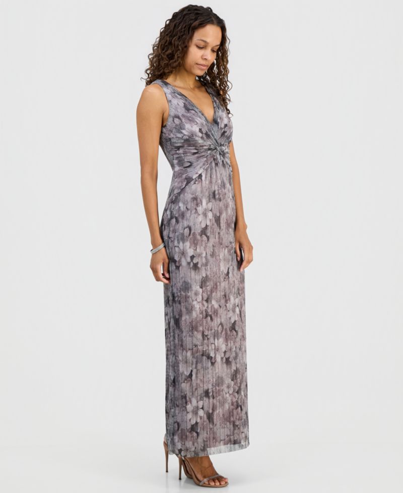 petite Metallic Floral Twist-Front Column Dress